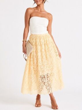 H&M Yellow Lace Midi Skirt Size 8 A-Line Feminine Cottagecore Spring Summer
